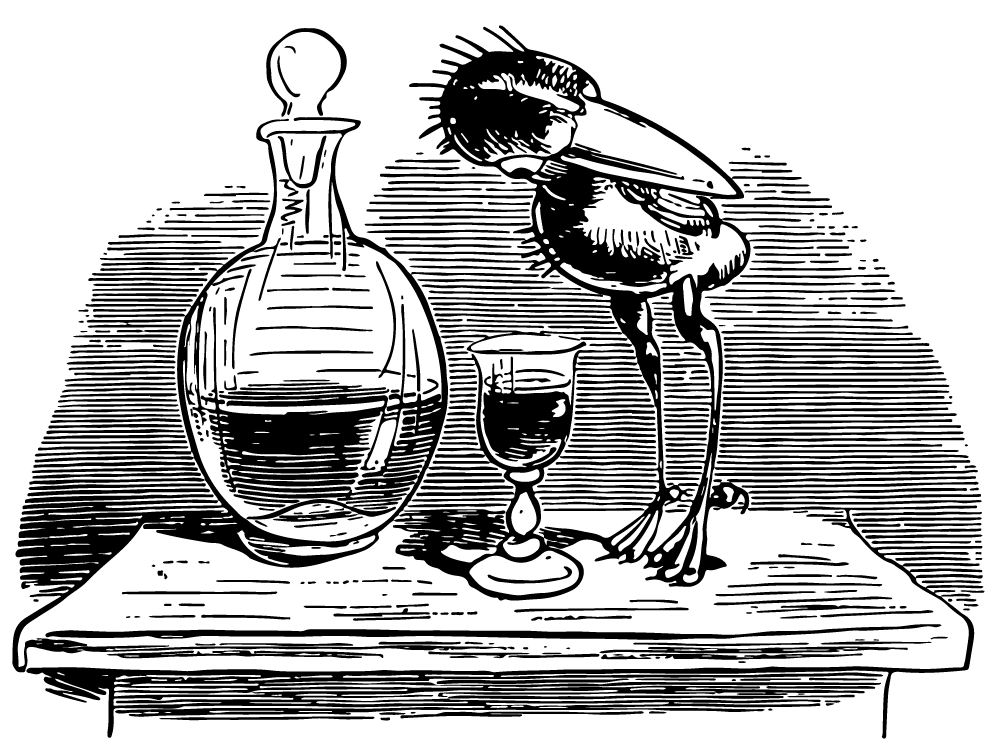 Huckebein schaut in das Likörglas